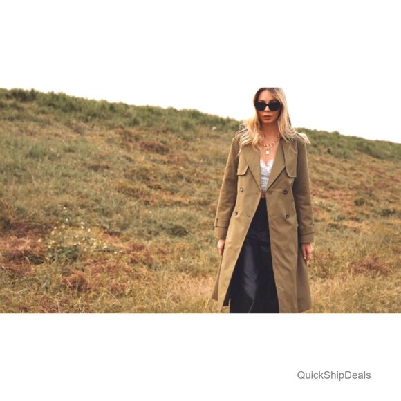 Women's Double Breasted Trench Coat Windproof Long Lapel Belted Overcoat - Picture 7 of 7